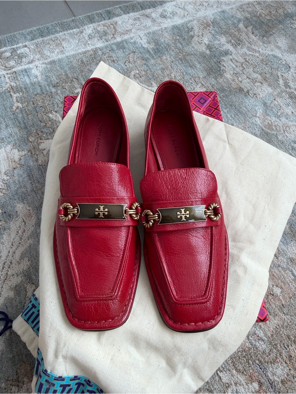 NWOB Tory Burch Perrine Loafer Fellini Milled Leather Flats Red Shoes Size US 7M